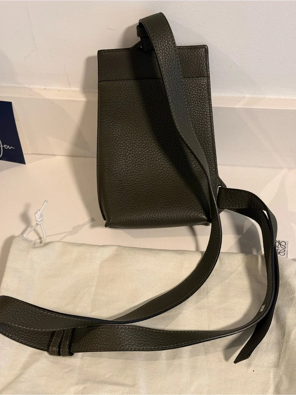 LIKE NEW! Green Loewe Soft Grained Calfskin Vertical T-Pocket Crossbody